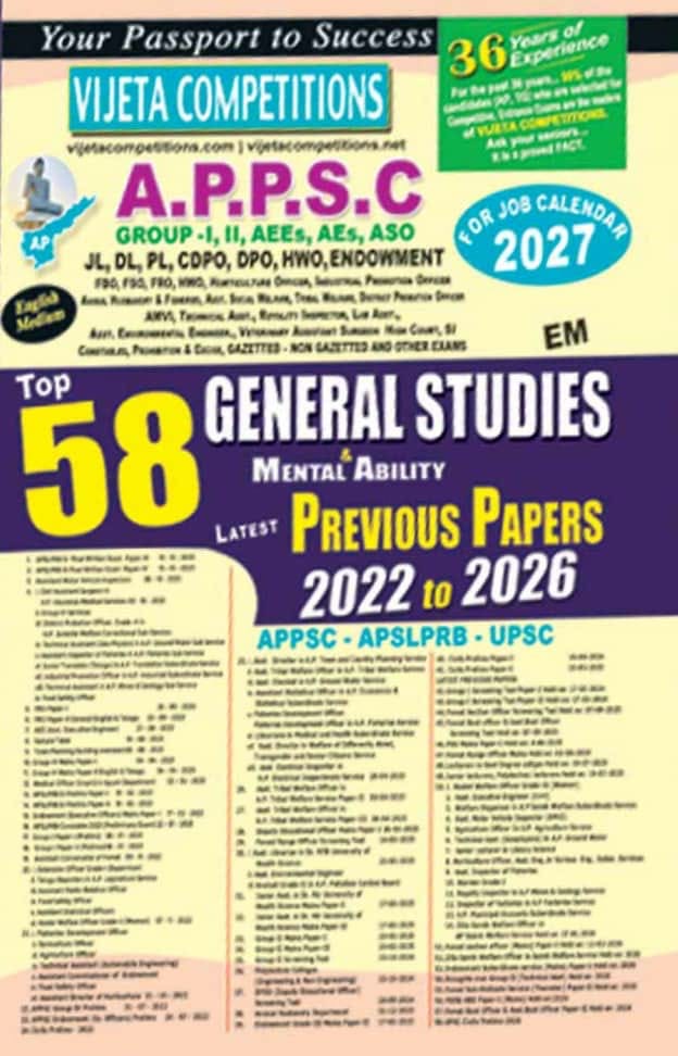 Vijeta APPSC General Studies & Mental Ability Top 58 Previous Papers (2022-2026) For 2027 Job Calendar[English Medium]