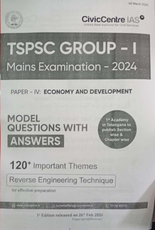 Civic Centre TSPSC Group 1 Mains Exam 2024 Paper 4 Economy & Development Model Questions With Answers Xerox Printed Material[English Medium]Xerox Printed Material