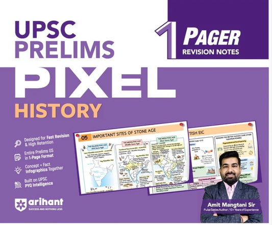 UPSC Prelims History Pixel 1-Pager Revision Notes Fast Revision, Entire Prelims GS in 1-Page Format, Concept & Fact Infographics with PYQ-Based Preparation[English Medium]