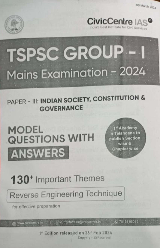 Civic Centre TSPSC Group 1 Mains Exam 2024 Paper 3 Indian Society, Constitution & Governance Model Questions With Answers Xerox Printed Material[English Medium]Xerox Printed Material