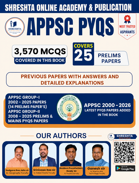 Shreshta APPSC PYQs Group-1(2002-2025 Prelims Papers), Group-2(2008-2025 Prelims & Mains PYQ Papers)3570 MCQs[English Medium]