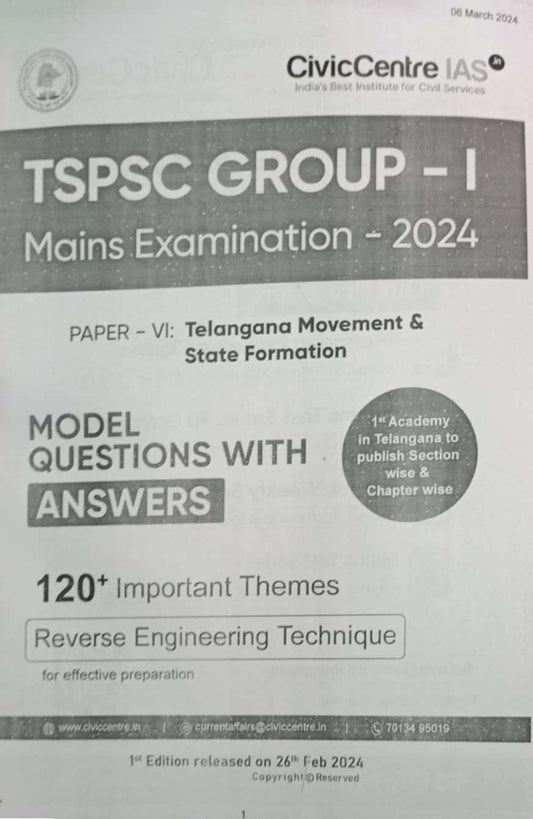 Civic Centre TSPSC Group 1 Mains Exam 2024 Paper 6 Telangana Movement & State Formation Model Questions With Answers Xerox Printed Material[English Medium]Xerox Printed Material