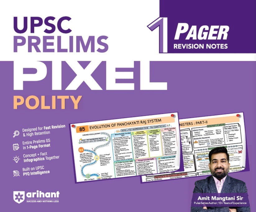 UPSC Prelims Polity Pixel 1-Pager Revision Notes Fast Revision, Entire Prelims GS in 1-Page Format, Concept & Fact Infographics with PYQ-Based Preparation[English Medium]