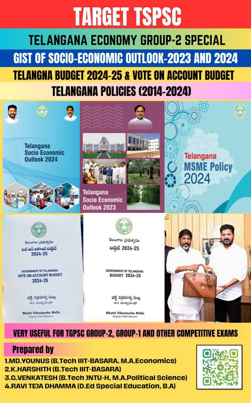 Target TSPSC Telangana Economy Group 2 Special , Gist of Socio Economic Outlook 2023 & 2024 , Telangana Budget 2024-2024 & Telangana Policies (2014-2024)[English Medium]2024Ed