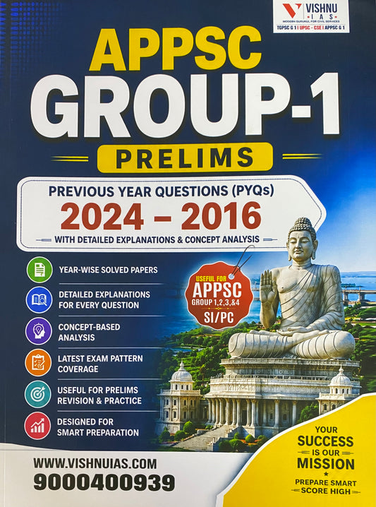 Vishnu IAS APPSC Group-1 Prelims (2024-2016)Previous Year Questions(PYQs) With Detailed Explanations[English Medium]