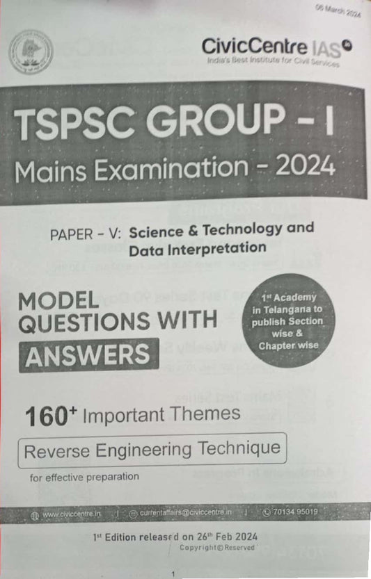 Civic Centre TSPSC Group 1 Mains Exam 2024 Paper 5 Science & Technology and Data Interpretation Model Questions With Answers Xerox Printed Material[English Medium]Xerox Printed Material