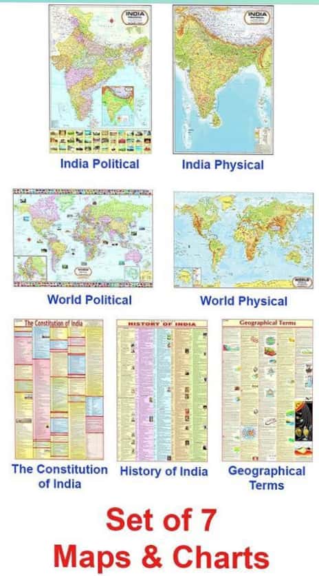 India & World Map ( Both Political & Physical ) with Constitution of India Chart, History of India Chart & Geography Terms Chart | Set Of 7 | Useful for UPSC and other exams |