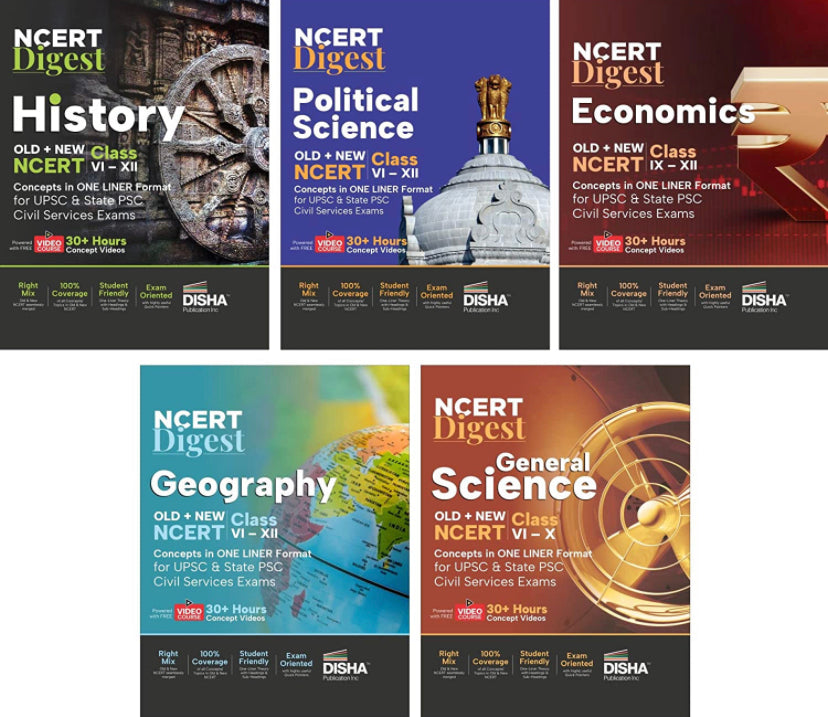 Combo (set of 5 Books) NCERT Digest – Old + New NCERT Class VI – XII Concepts in ONE LINER Format for UPSC & State PSC Civil Services History,Integration of Old & New NCERT Books[English Medium]