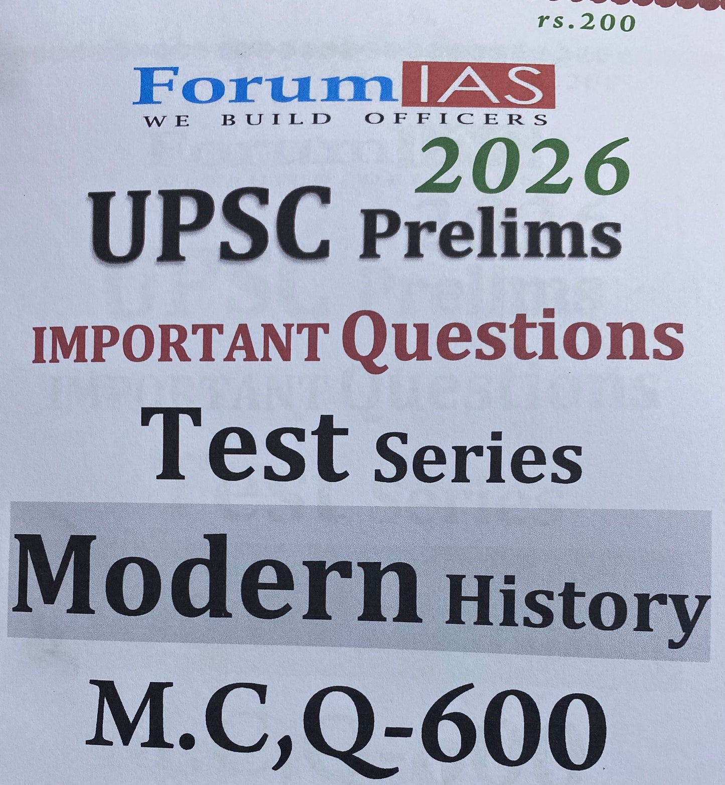 Forum IAS UPSC Prelims 2026 Important Questions Modern History 600MCQs Xerox Printed Material[English Medium]