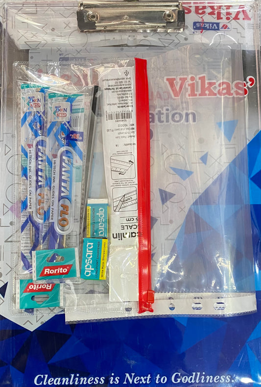 Exam Ready Kit - Consist of Transparent Exam Pad, Pouch Inclusive of 2 Pens, 1 Pencil, 1 Scale, 1 Sharpener,1 Eraser & Hall Ticket Cover