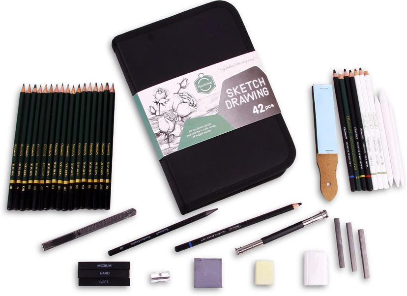 Kreni 42 Pcs Professional Drawing Sketching Artist Art Tool Kit Art Supplies Pencil for Shading-Gift For Kids Adults Beginner,Graphite Charcoal Set Artists