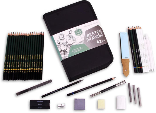 Kreni 42 Pcs Professional Drawing Sketching Artist Art Tool Kit Art Supplies Pencil for Shading-Gift For Kids Adults Beginner,Graphite Charcoal Set Artists