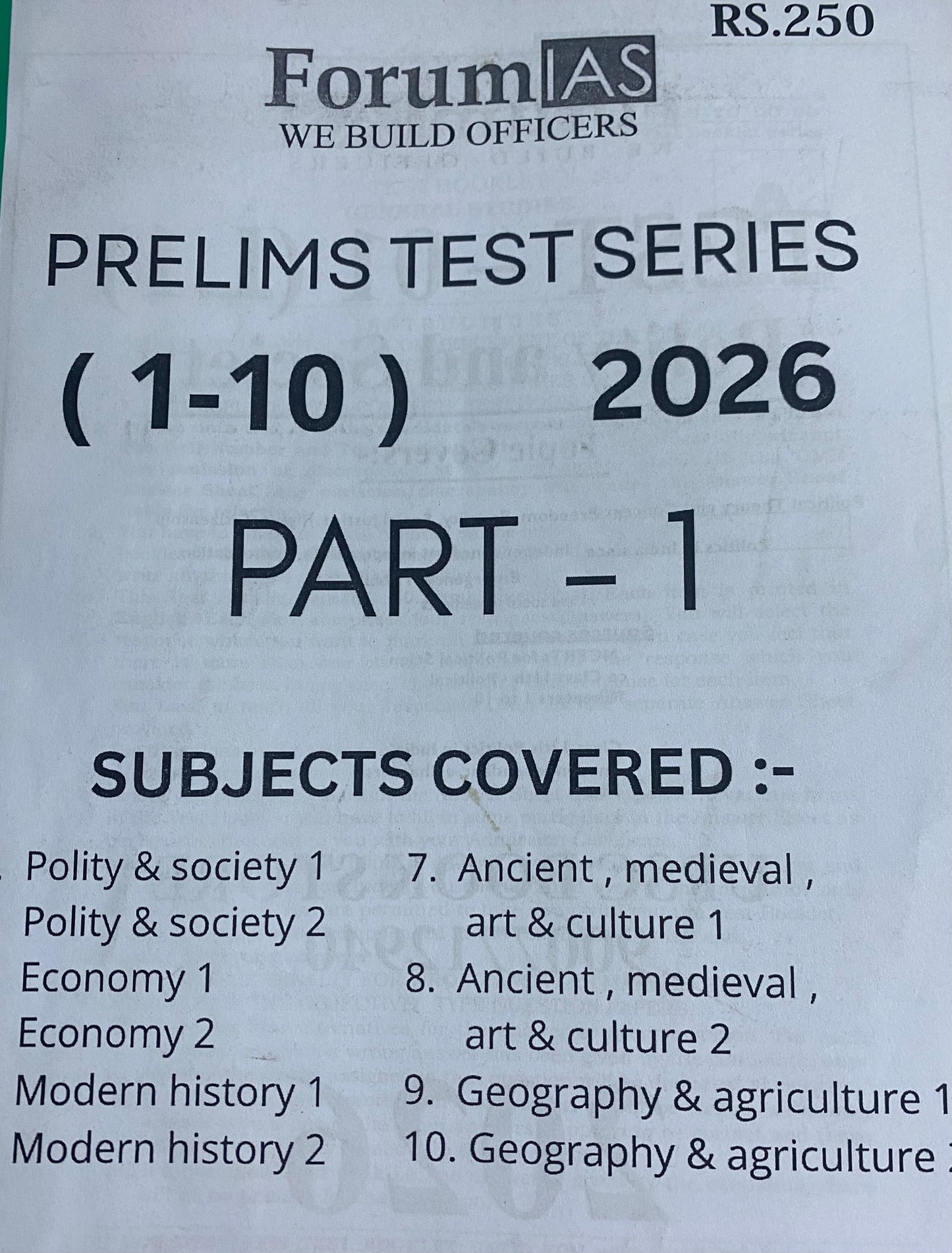 Forum IAS Prelims 2026 Test Series Tests 1-10 Xerox Printed Material[English Medium]