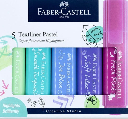 Faber-Castell Pastel Textliner Pen Set – Pack of 5 Assorted Colours Highlighter Markers for Study, Journaling & Doodling