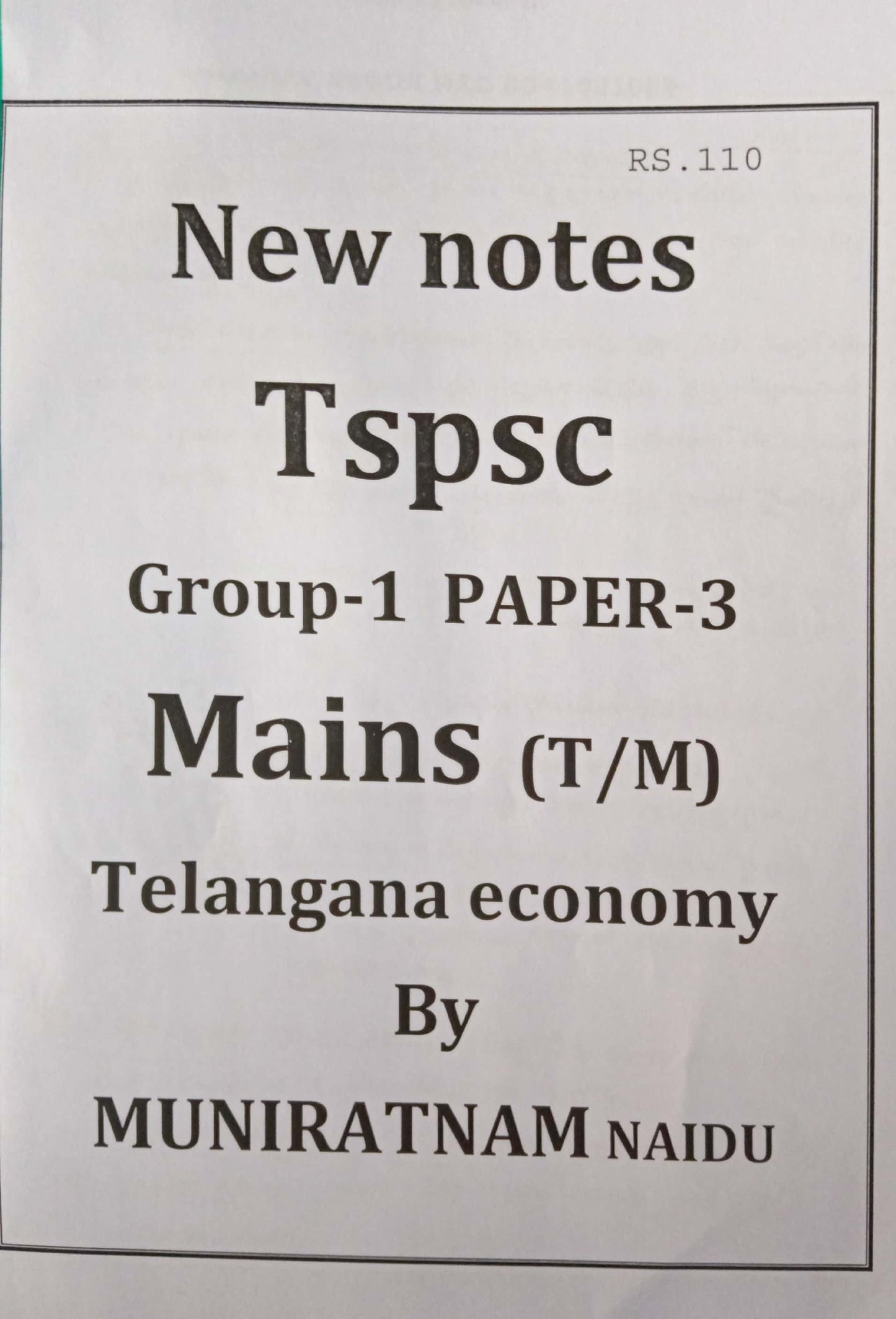 Tspsc Group 1Mains Paper 3 Telangana Economy by Muniratnam Naidu [Telugu Medium] Jan 2023 Xerox Printed Material