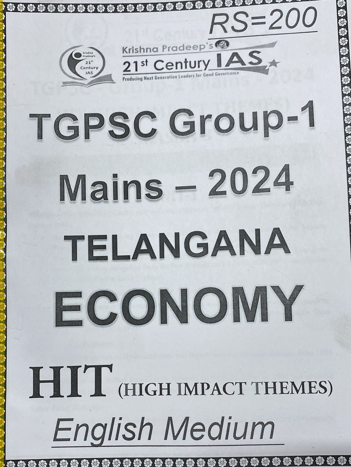 KP Sir Institute TGPSC Group 1 Mains Telangana Economy (HIT SERIES) 2024 Xerox Printed Material[English Medium]2024Ed PHOTOCOPY
