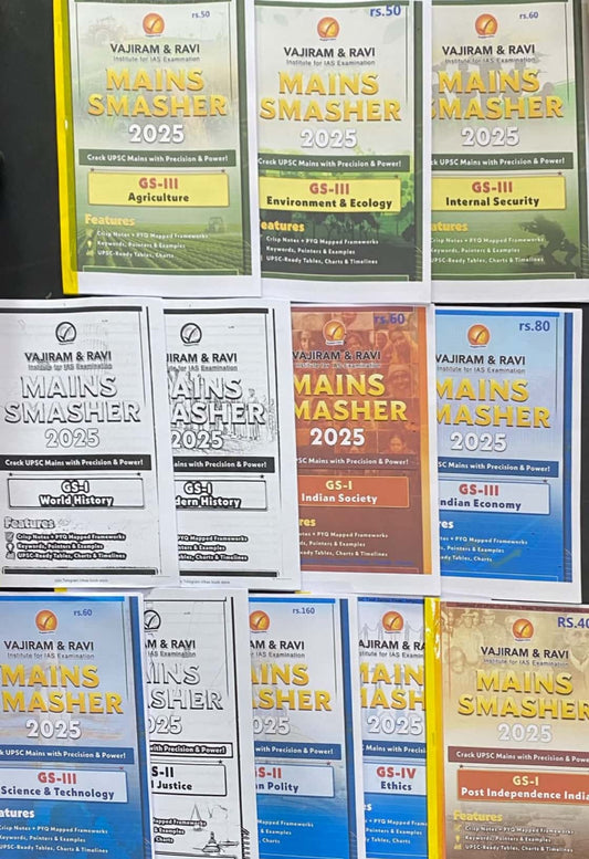 Vajiram & Ravi Mains Smasher 2025 General Studies GS Mains Set of 12 Booklets Black & White Xerox Printed Material[English Medium]